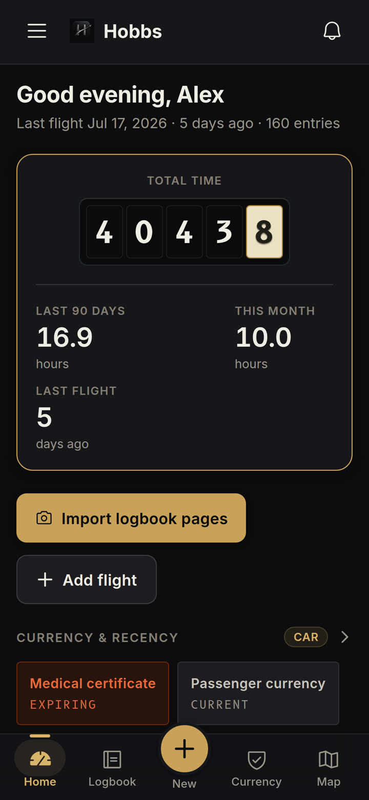 Hobbs dashboard showing total flight time on a Hobbs-meter odometer, recent hours, and currency annunciators.