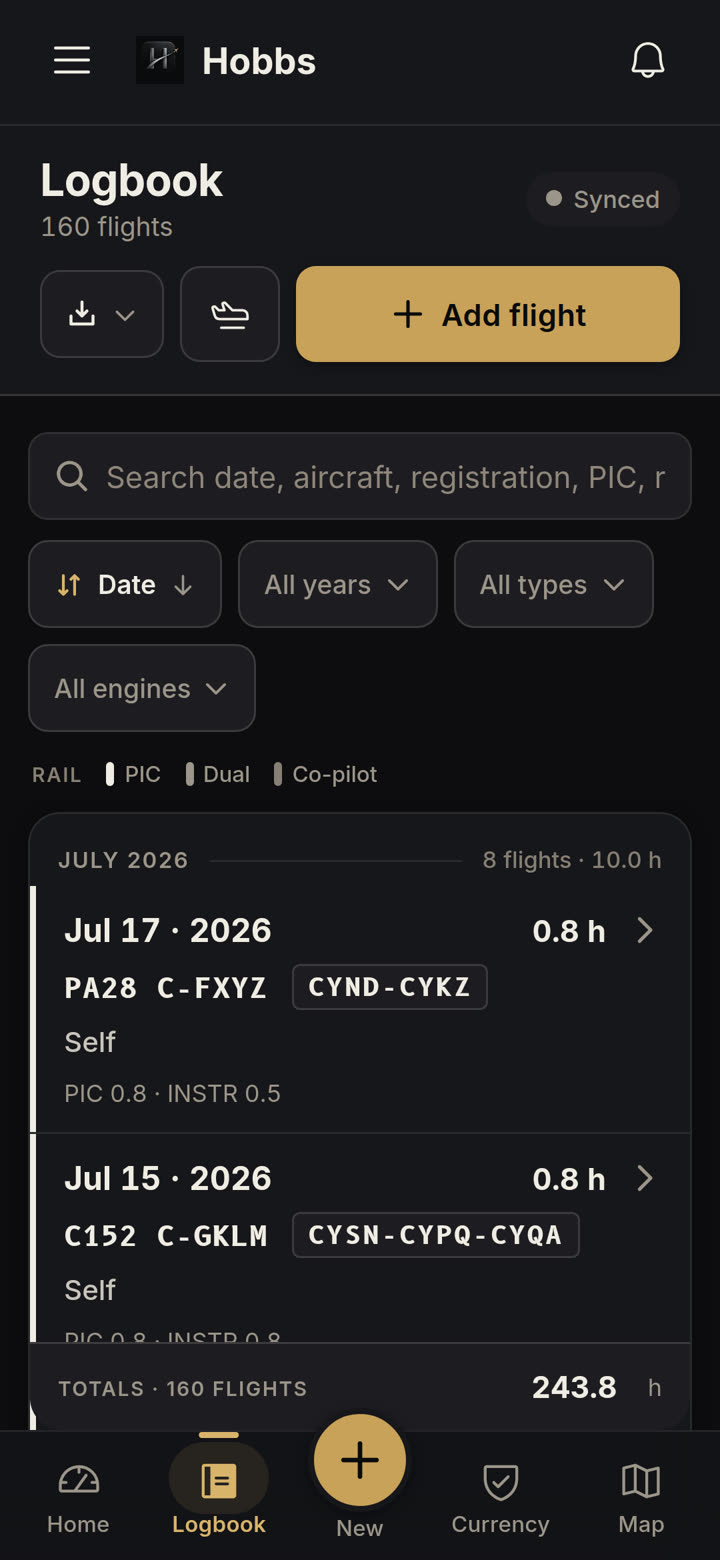 Hobbs logbook list showing flights grouped by month with aircraft type, registration, route and hours.
