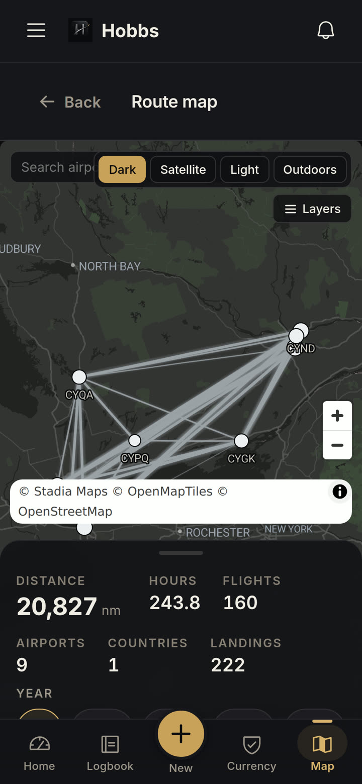 Hobbs route map showing a pilot's cumulative flight footprint across Ontario airports with distance, hours and landings totals.
