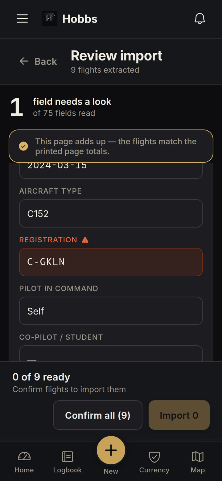 Hobbs OCR review screen: a low-confidence aircraft registration flagged in orange, with the page-totals reconciliation banner above.